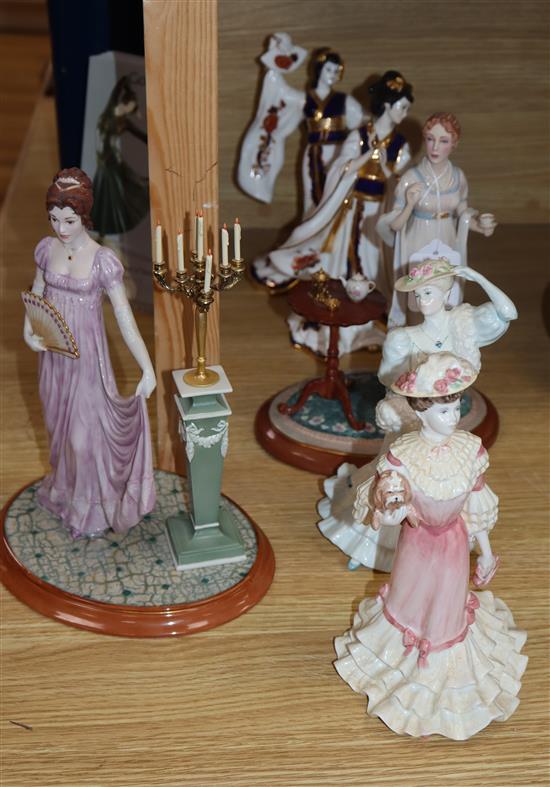 Two Coalport Madam Butterfly figures, two Jane Austen figures and two other Coalport figures